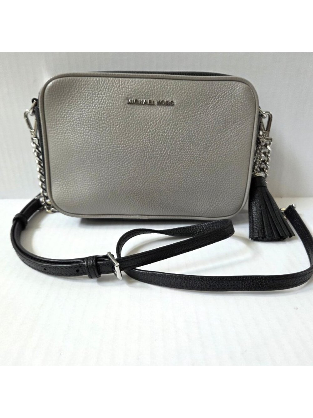 Michael Kors Purse Ginny Gray Black Two Tone Tassel Pebble Leather Crossbody Bag